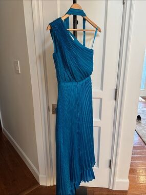 INTERMIX One-Shoulder Pleated Teal Dress